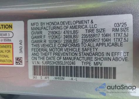 2025 Honda Cr-V Lx 2Wd из США, поврежденный, VIN 5J6RS3H28SL010246